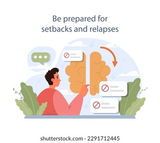 Be prepared for setbacks and relapses. Treatment strategy to get rid of bad habit or addiction. Toxic and dangerous dependence quit. Clinic rehabilitation or therapy. Flat vector illustration