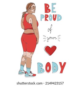 Be proud of your body illustration and typography. Illustration of a beautiful curvaceous woman proud of her own self.