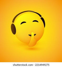 Be Quiet! - Face with Finger on Mouth Listening to Music, Gesturing, Showing Make Silence Sign - Simple Emoticon for Instant Messaging on Yellow Background - Vector Design Illustration