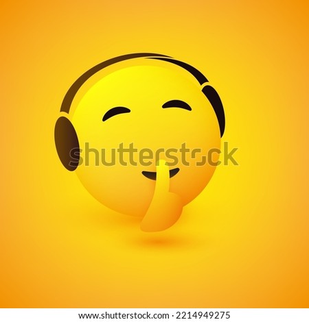 Be Quiet! - Face with Finger on Mouth Listening to Music, Gesturing, Showing Make Silence Sign - Simple Emoticon for Instant Messaging on Yellow Background - Vector Design Illustration