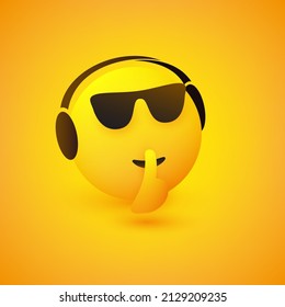 Be Quiet! - Shushing Face with Sunglasses Listening to Music, Gesturing, Showing Make Silence Sign - Simple Emoticon for Instant Messaging on Yellow Background - Vector Design Illustration