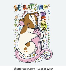 Be Rat no Drama. Cute cartoon animal. Vector clip art illustration for children design, cards, prints, coloring books. Grungy kawaii image