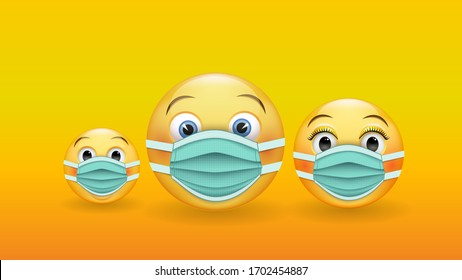 Be responsible and protected - a family of 3D yellow emoticons in medical masks. Wear a medical mask to prevent the spread of the disease. Vector illustration