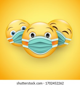 Be responsible and protected - various 3D yellow emoticons in medical masks .Wear a medical mask to prevent the spread of the disease .Vector illustration