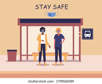 Be safe and protect your health with individual protective equipment. People in masks protected from the virus. Bus stop.