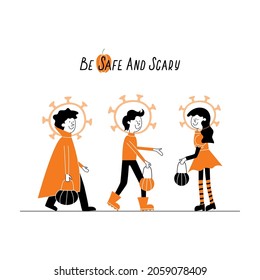 Be Safe And Scary Vector Illustration For The Posts, Articles And Banners .COVID 19 Halloween Costume Trendy Concept. Children Dressing Up As The Coronavirus This Halloween Are Going Trick Or Treating