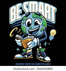 Be Smart Earth Cartoon with Retro Style Illustration