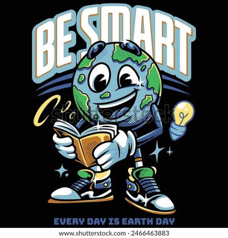 Be Smart Earth Cartoon with Retro Style Illustration
