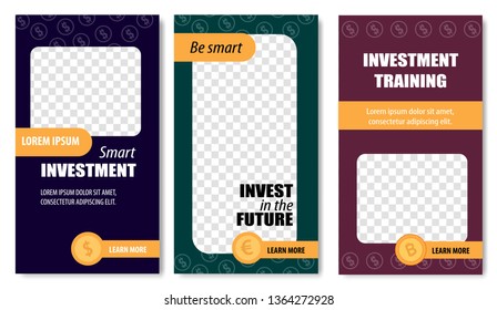 Be Smart Invest in Future Set of Templates Social Media Vector Illustration. Training to learn Main Principles of Earning Money. Analysis and Statistics of Services in Internet. Design with Coins.
