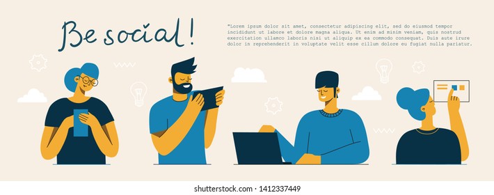 Be social! Stay mobile! Vector illustration of group of young people characters chatting, using smartphone for Website or Web Page. Concept of virtual communication and social network page.