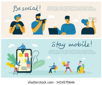 Be social! Stay mobile! Vector illustration of group of young people characters chatting, using smartphone for Website or Web Page. Concept of virtual communication and social network page.