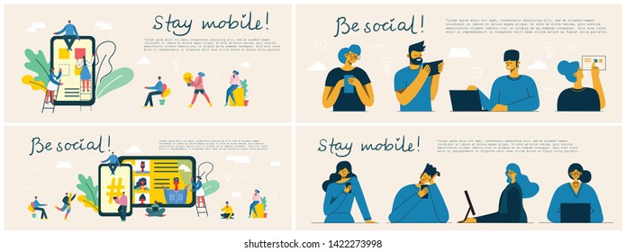 Be social! Stay mobile! Vector illustration of group of young people characters chatting, using smartphone for Website or Web Page. Concept of virtual communication and social network page. 