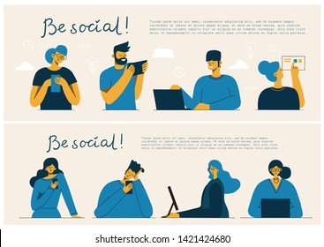 Be social! Vector illustration of group of young people characters chatting, using smartphone for Website or Web Page. Concept of virtual communication and social network page. 