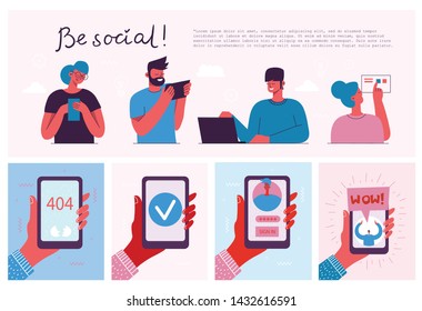 Be social! Vector illustration of group of young people characters chatting, using smartphone for Website or Web Page. Concept of virtual communication and social network page.