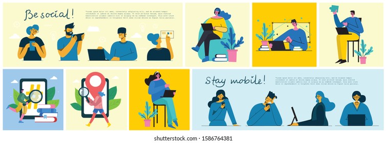 Be social! Vector illustration of group of young people characters chatting, using smartphone for Website or Web Page. Concept of virtual communication and social network page.
