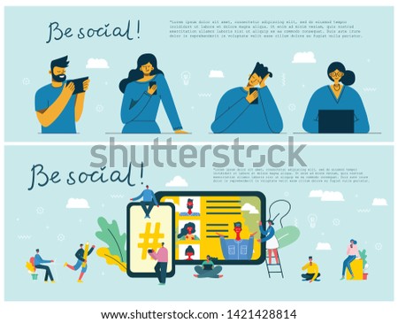 Be social! Vector illustration of group of young people characters chatting, using smartphone for Website or Web Page. Concept of virtual communication and social network page. 