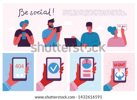 Be social! Vector illustration of group of young people characters chatting, using smartphone for Website or Web Page. Concept of virtual communication and social network page.