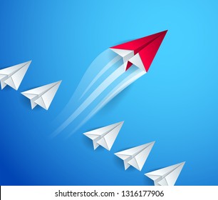 Be special, be first pioneer, be leader, leadership and success concept, line of origami paper toy planes one of them is standing out of line and taking off, 3d realistic vector illustration.