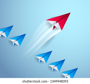 Be special, be first pioneer, be leader, leadership and success concept, line of origami paper toy planes one of them is standing out of line and taking off, 3d realistic vector illustration.