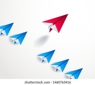 Be special, be first pioneer, be leader, leadership and success concept, line of origami paper toy planes one of them is standing out of line and taking off, 3d realistic vector illustration.