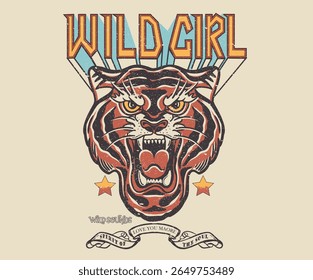 Be strong artwork. Tiger face print design for apparel, stickers, posters and background. Wild girl design.