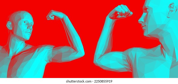 Be strong! Champion raising both hands in the air as a true winner. Victory and freedom. Strong man raising hands up. Sport symbol. Leadership or workout bodybuilding concept. Vector illustration.