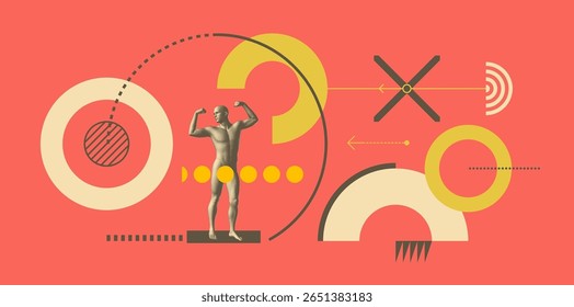 Sejam fortes! Conceito de liderança ou treinamento de musculação. Modelo 3D de um homem de pé em plena altura. Composição artística. Fundo geométrico. Vetor para capa, cartão, brochura, apresentação, etc.