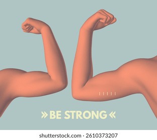 Be strong! The hand shows the biceps of the fist. Close-up of the arm of a person engaged in strength fitness. A symbol of sport. 3D illustration for brochure, poster, presentation, flyer or banner.