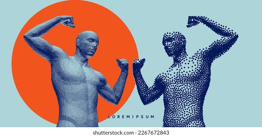 Be strong! Victory and freedom. Strong man raising hands up. Sport symbol. Leadership or workout bodybuilding concept. Battle with yourself. Vector in сoarse and fine style. 