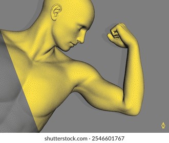 ¡Sé fuerte! Victoria y libertad. Hombre fuerte. El símbolo del deporte. Concepto de liderazgo o entrenamiento de culturismo. Cuerpo humano formado por puntos. Atleta en estilo campanario. Vector 3D para el diseño.