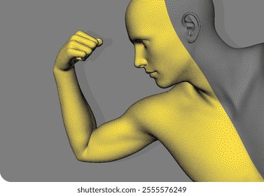 Be strong! Victory and freedom. Strong man. The symbol of sport. Concept of leadership or bodybuilding training. Human body formed from dots. Athlete in steeple style. 3D vector for design.