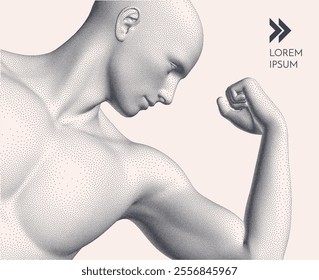 Be strong! Victory and freedom. Strong man. The symbol of sport. Concept of leadership or bodybuilding training. Human body formed from dots. Athlete in steeple style. 3D vector for design.