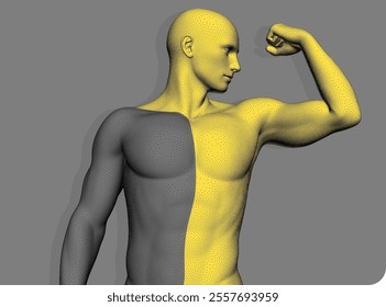 Be strong! Victory and freedom. Strong man. The symbol of sport. Concept of leadership or bodybuilding training. Human body formed from dots. Athlete in steeple style. 3D vector for design.