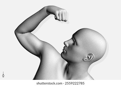 Be strong! Victory and freedom. Strong man. The symbol of sport. Concept of leadership or bodybuilding training. Human body formed from dots. Athlete in steeple style. 3D vector for design.