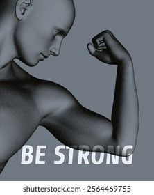 Be strong! Victory and freedom. Strong man. The symbol of sport. Concept of leadership or bodybuilding training. Human body formed from dots. Athlete in steeple style. 3D vector for design.