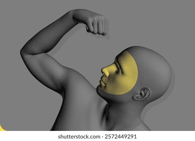 Be strong! Victory and freedom. Strong man. The symbol of sport. Concept of leadership or bodybuilding training. Human body formed from dots. Athlete in steeple style. 3D vector for design.