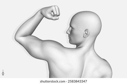 Be strong! Victory and freedom. Strong man. The symbol of sport. Concept of leadership or bodybuilding training. Human body formed from dots. Athlete in steeple style. 3D vector for design.