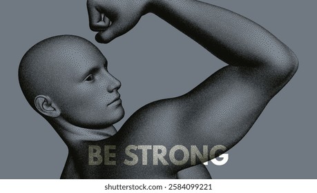 Be strong! Victory and freedom. Strong man. The symbol of sport. Concept of leadership or bodybuilding training. Human body formed from dots. Athlete in steeple style. 3D vector for design.