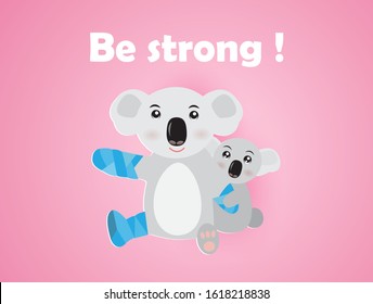 Be Strong,inspiration Word With Koala Bear And Her Baby From Forest Fire In Australia.Koala Bear With Blue Bandage,vector Illustration Paper Art Style.