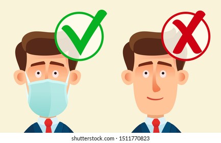 Be sure to wear a medical mask on your face. Stop virus infection. Required airways protection. Medical information banner. Vector illustration, flat design, cartoon style.