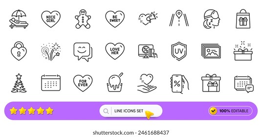 Be sweet, Hold heart and Ice cream line icons for web app. Pack of Sunbed, Delivery boxes, Message pictogram icons. Present box, Smile face, Fireworks signs. Calendar, Discounts app. Vector