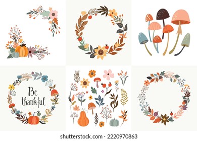 Be Thankful autumnal collection with seasonal wreath, greeting cards, frame, elements isolated on white background