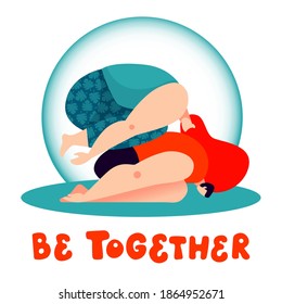 Be together. Cute male and female characters practicing acro yoga asana. Concept for well being, couple balance, spending time together and love. Trendy style vector illustration.