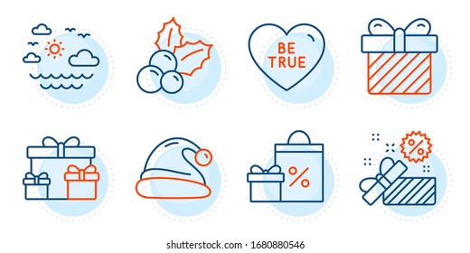 Be true, Surprise boxes and Christmas holly signs. Sale, Santa hat and Surprise line icons set. Shopping, Travel sea symbols. Gift box, Christmas. Holidays set. Outline icons set. Vector