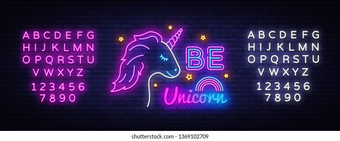 Be Unicorn neon sign vector design template. Unicorn neon sign, light banner design element colorful modern design trend, night bright advertising, bright sign. Vector. Editing text neon sign