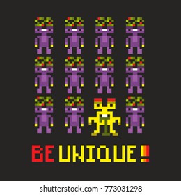 Be unique banner with pixel art monsters and robots. Colorful vector illustration in retro style.