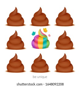 Erleben Sie einzigartige Concept Card mit Regenbogen-Unicorn-Poo. 3D-Cartoon-Stil. Vektorillustration