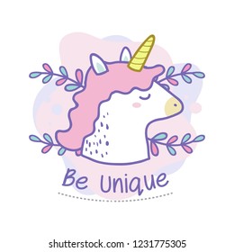 Be unique quote of cute unicorn doodle. Vector iilustration for card background, shirt