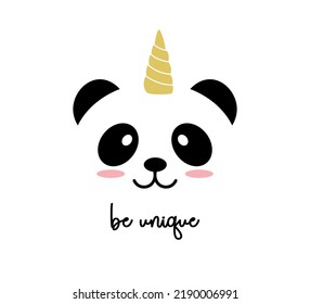 Be Unique Slogan with Cute Panda Illustration, Vector Design for Fashion and Poster Prints, Card, Sticker, Wall Art, Positive Quote, Inspirational Quote, Cartoon Animal