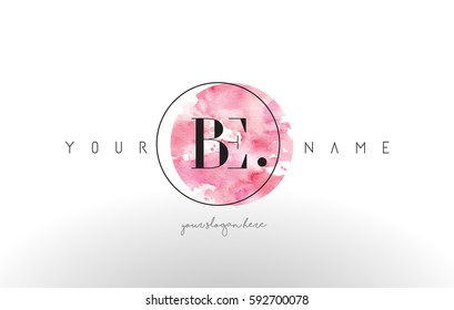 BE Watercolor Letter Logo Design with Circular Pink Brush Stroke.